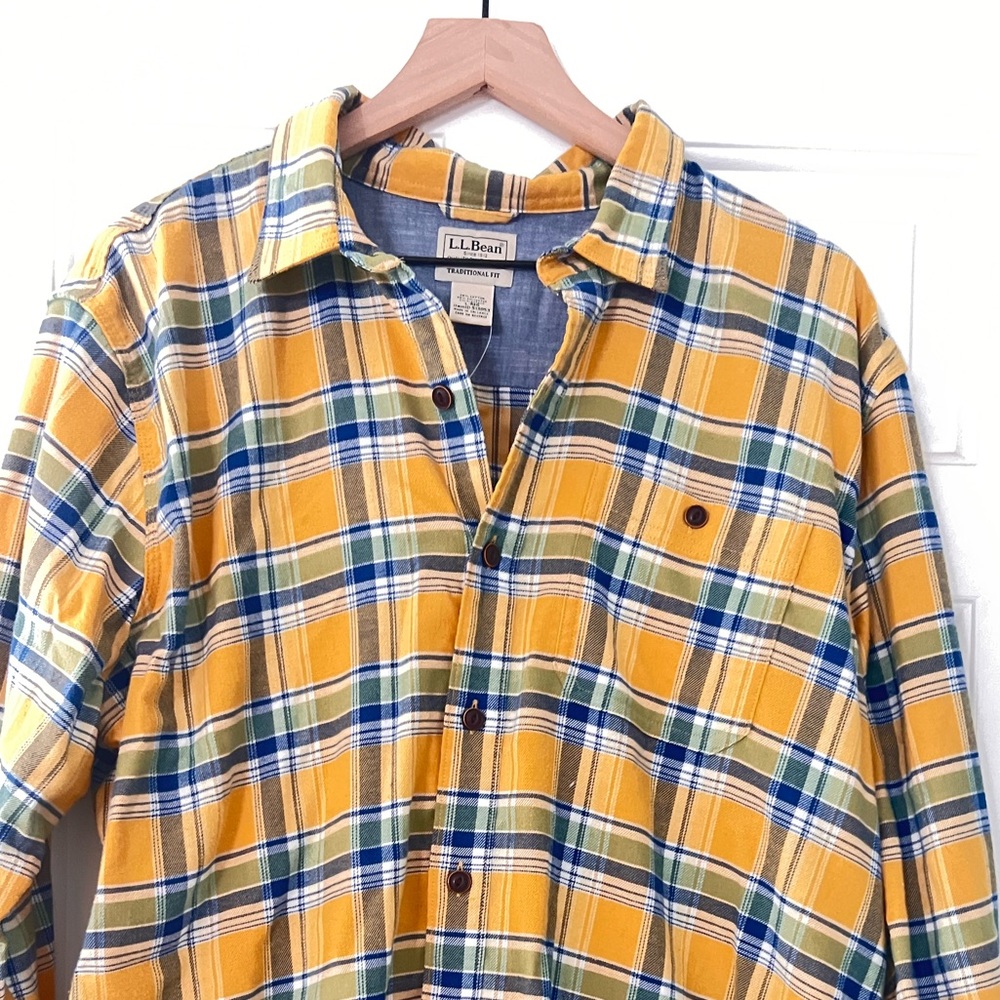 L.L. Bean Traditional Fit Men’s Flannel Shirt Yellow/Blue Large
